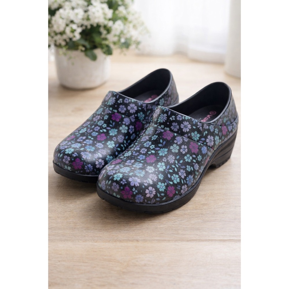 GOODYEAR Womens Clogs Size 8 Black Floral Slip On Comfort Work Shoes